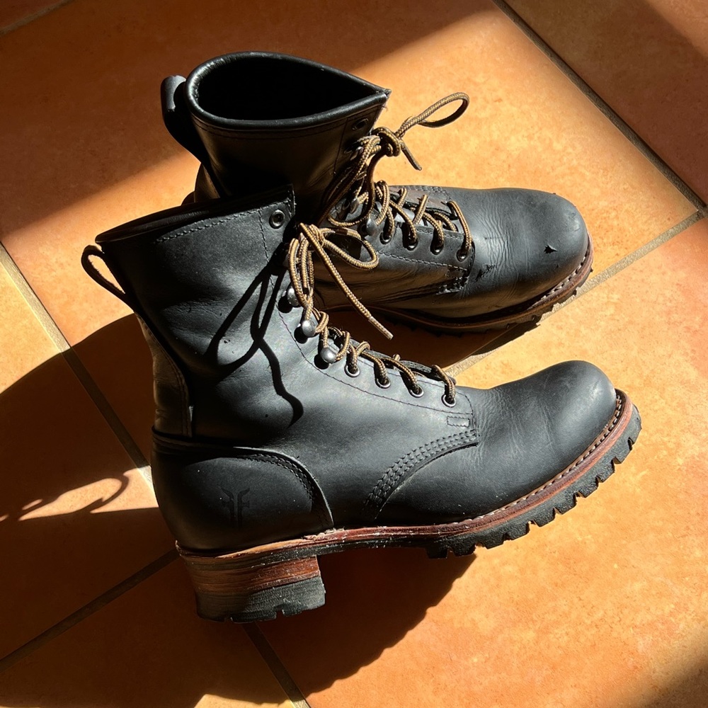 Frye Black Leather Logger Boots 9.5M Vibram Soles